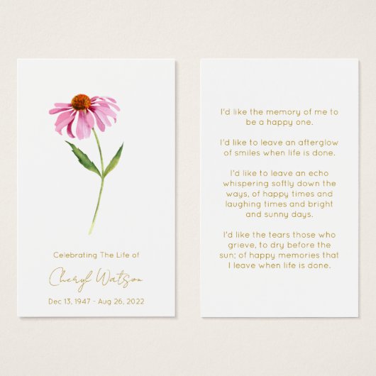 Echinacea | Carte de prière simple pour funéraille (Devant & derrière)