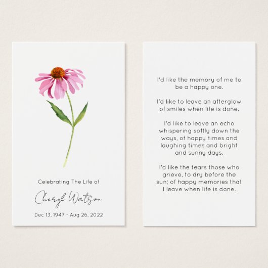 Echinacea | Carte de prière simple pour funéraille (Devant & derrière)