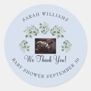 Echografie Foto Blauw Baby shower Dank u Ronde Sticker