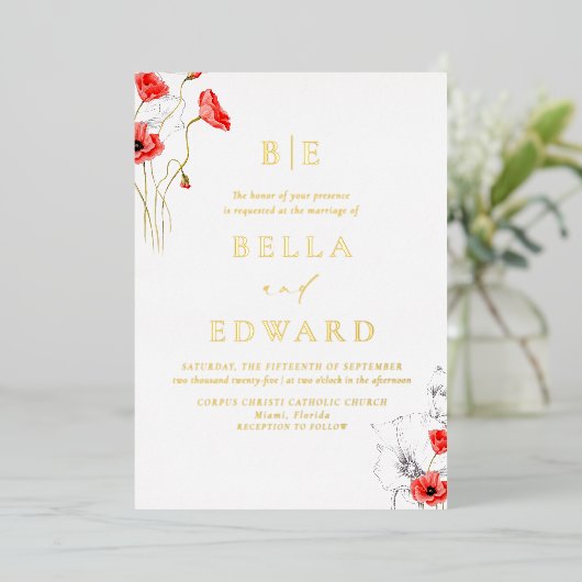 Echt Goud Chique Poppy Rode Wildbloemen Bruiloft Folie Uitnodiging (Staand Voorkant)