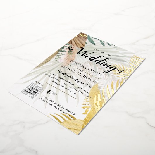 ECHT GOUD FOLIE Pampagras FOTO QR Code Bruiloft Folie Uitnodiging (Gedraaid)