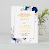 Echt Goud Modern Royal Blue Bloemen Bruiloft Folie Uitnodiging (Staand Voorkant)