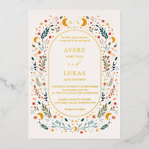 Echt Goud  Mystiek Bloemen Monogram Bruiloft Folie Uitnodiging