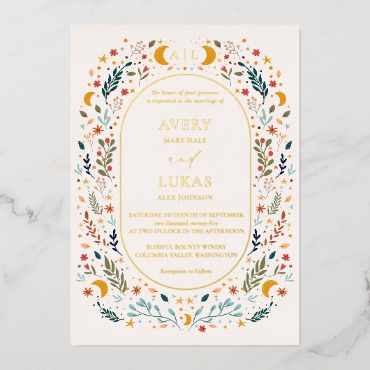 Echt Goud  Mystiek Bloemen Monogram Bruiloft Folie Uitnodiging (Voorkant)