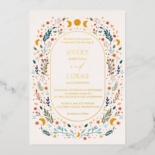 Echt Goud  Mystieke Wildbloemen Bruiloft Folie Uitnodiging (Voorkant)