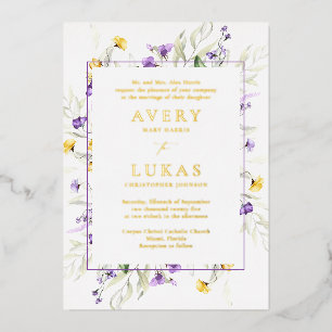 Echt Goud Paarse Bloemen Elegante Monogram Bruilof Folie Uitnodiging
