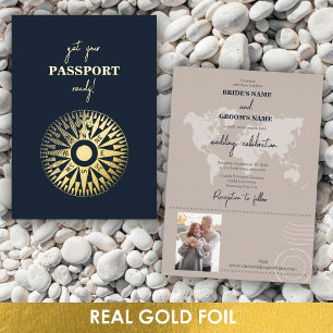 Echt gouden folie huwelijks-paspoort kompas Huweli Uitnodiging