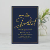 Echt gouden folie Navy Blauwe Save the Date Trouwk Folie Uitnodiging (Staand Voorkant)