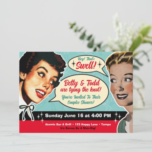 Echt retro koppels douche uitnodiging- Gals Kaart (Staand voorkant)