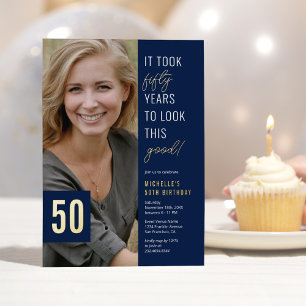 Echte Fifty Photo Blue & Gold 50e verjaardagsfeest Folie Uitnodiging