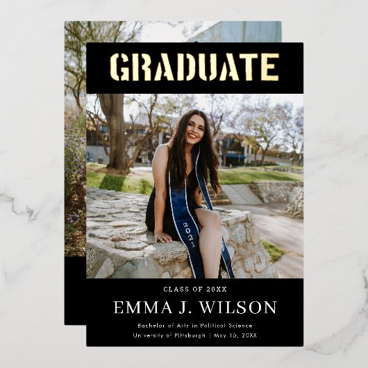 Echte Folie 2 foto Black Graduation Aankondigingen (Voorkant / Achterkant)