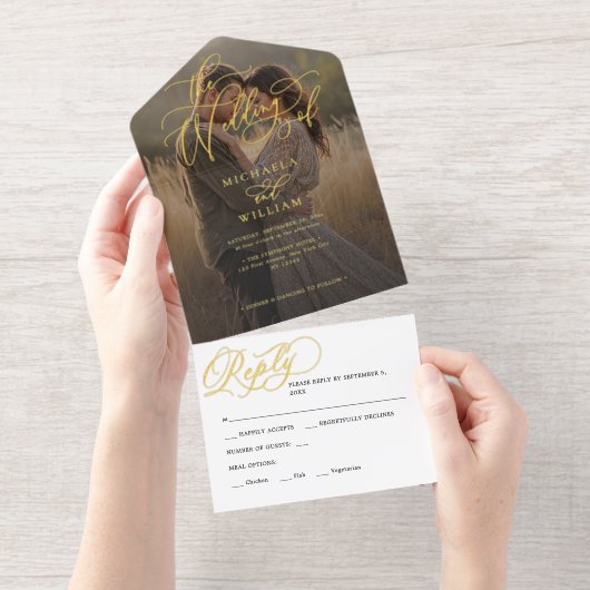 *ECHTE FOLIE* Elegant Script Fotobruiloft All In One Uitnodiging (Uittrekbaar)