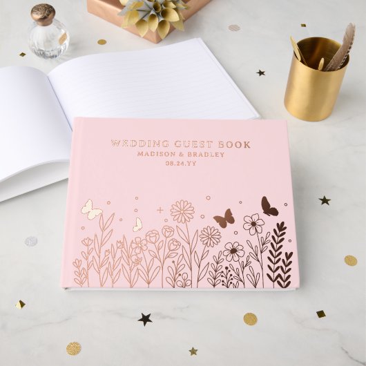 Echte Folie Elegante Bloemen Roze Huwelijk Gastenboek (Voorkant open)