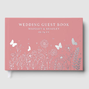 Echte Folie Elegante Bloemen Roze Huwelijk Gastenboek