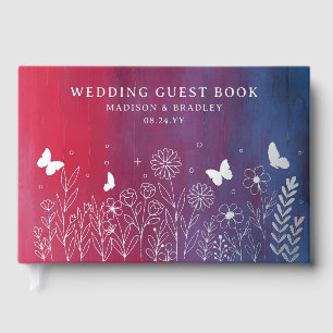 Echte Folie Elegante Rood Blauw Bloemen Huwelijk Gastenboek