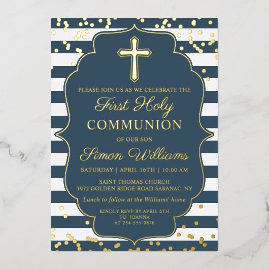 Echte Folie Foto Gold Blue Stripes First Community Folie Uitnodiging (Voorkant)