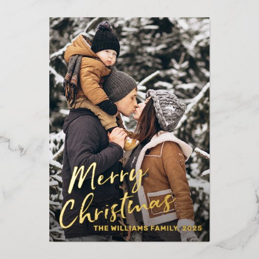 Echte Folie Goud Schrift Kerst Foto Vakantiekaart Folie Uitnodiging (Voorkant)