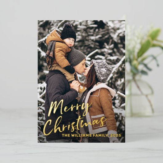 Echte Folie Goud Schrift Kerst Foto Vakantiekaart Folie Uitnodiging (Staand Voorkant)