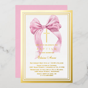 Echte Folie Luxe Goud Roze Boog Meisje Doop Folie Uitnodiging
