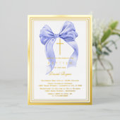 Echte Folie Modern Gold Blue Bow Boy Doop Uitnodiging (Staand Voorkant)