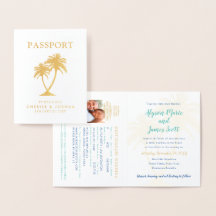 Echte Folie Palm Tree Passport Huwelijksuitnodigin