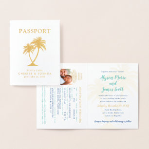 Echte Folie Palm Tree Passport Huwelijksuitnodigin Kaarten