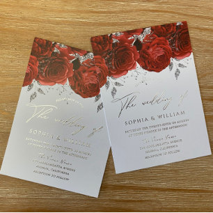 Echte Folie Romantic Red Rose Wedding Silver Uitnodiging