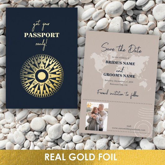 Echte Folie Wedding Passport Compass Save the Date Folie Uitnodiging