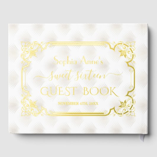 Echte Folie Wit Goud Art Deco Sweet 16 Verjaardag Gastenboek (Achterkant)