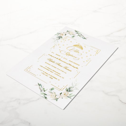 ECHTE FOLIE Witte bloemige Mis Quince Quinceañera  Folie Uitnodiging (Gedraaid)