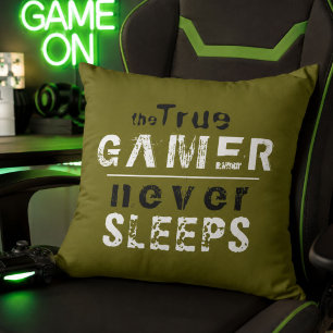 Echte gamer slaapt nooit typografie gamer kussen