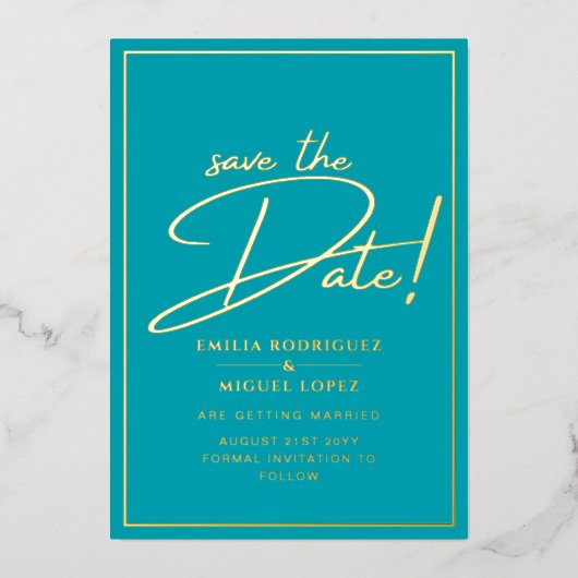 Echte GOLD Blauwgroen sparen de DatumWeddenschap Folie Uitnodiging (Voorkant)