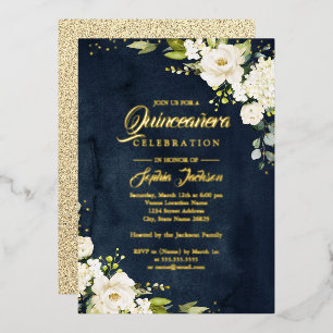 ECHTE GOLD FOIL Floral Quinceanera Gold Navy Folie Uitnodiging