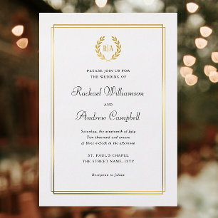 Echte goud folie elegante monogram trouwkrans uitnodiging