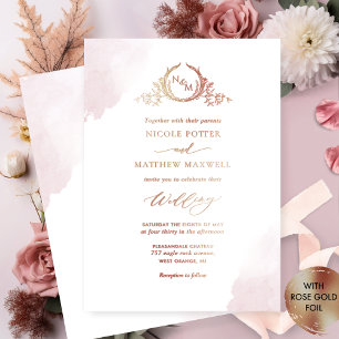Echte goud folie elegante stoffige roze monogram b uitnodiging