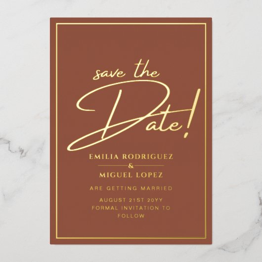 Echte goud folie Terracotta Save the Date Trouwkaa Folie Uitnodiging (Voorkant)