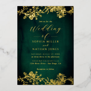 Echte Gouden Folie Bloemen Kant Script Emerald Wed Uitnodiging