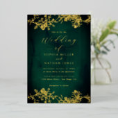 Echte Gouden Folie Bloemen Kant Script Emerald Wed Uitnodiging (Staand Voorkant)