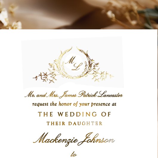 Echte Gouden Folie Formele Monogram Kalligrafie Br Folie Uitnodiging