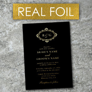 Echte Gouden Folie Krans Elegante Zwart Goud Trouw Uitnodiging