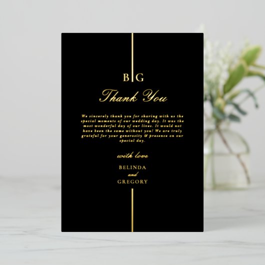 Echte gouden folie Monogram Zwart bruiloft Dank u Folie Uitnodiging (Staand Voorkant)