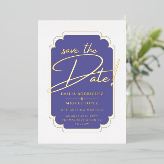 Echte gouden folie paarse Save the Date-huwelijksu Folie Uitnodiging (Staand Voorkant)