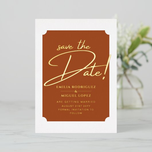 Echte gouden folie terracotta save the date-huweli folie uitnodiging (Staand Voorkant)
