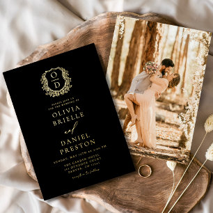 Echte Gouden Fotobehang Monogram Huwelijk Folie Uitnodiging