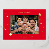 ECHTE Gouden Sterren Kersrood Foto Prettig Kerstfe Folie Feestdagenkaart (Voorkant)