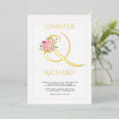 Echte goudfolie ampersand en roze rozen bruiloft v folie uitnodiging (Staand Voorkant)