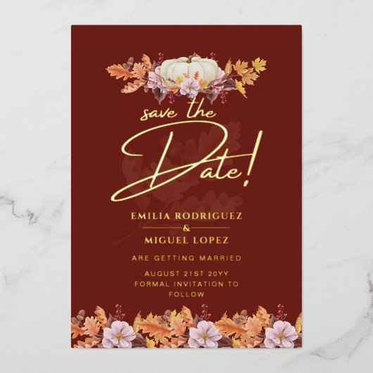 Echte GOUDFOLIE Herfst Pompoen Bewaar Datum Bruilo Folie Uitnodiging (Voorkant)