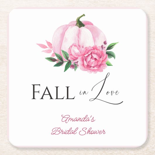 Echte Liefde Roze Blos Pompoen Rustieke Bruidsdouc Vierkante Kartonnen Onderzetter (Voorkant)