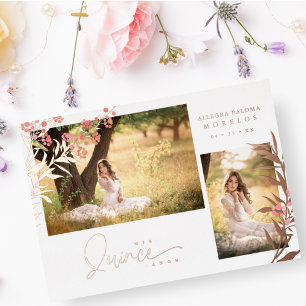 Echte roze gouden Quinceañera trendy takken Spaans Folie Uitnodiging