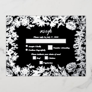Echte Zilveren Folie Bloemen Zwart Huwelijk RSVP Uitnodiging Briefkaart